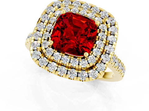 Yellow gold Double Halo Cushion Cut Ruby Pavé Band with Four-Prong Setting_1