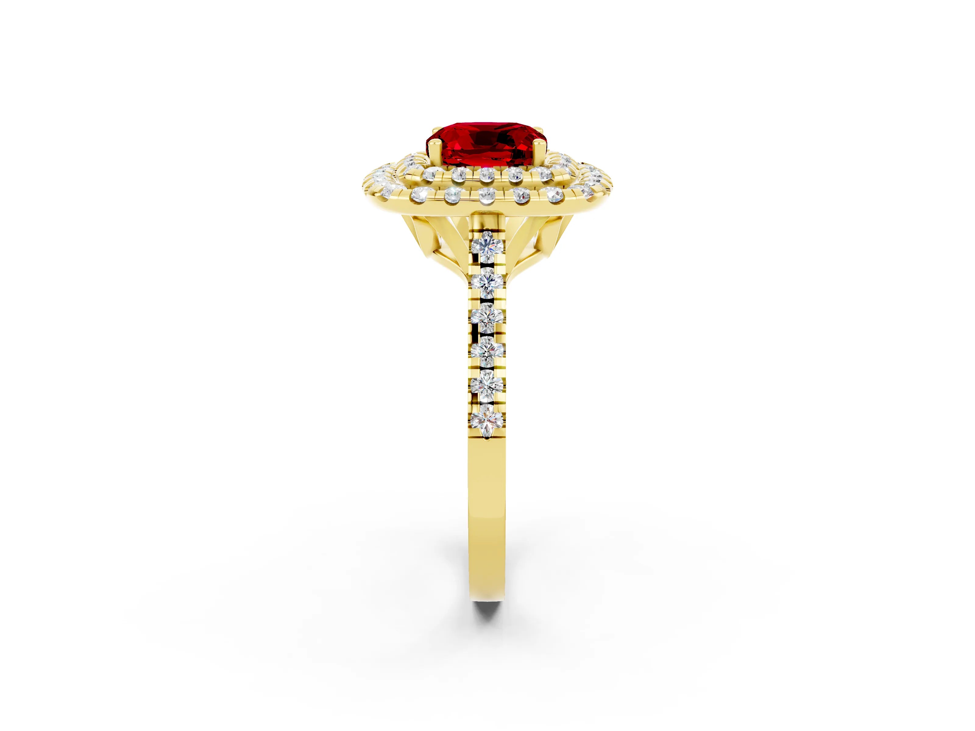 Yellow gold Double Halo Cushion Cut Ruby Pavé Band with Four-Prong Setting_2