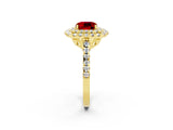 Yellow gold Double Halo Cushion Cut Ruby Pavé Band with Four-Prong Setting_2
