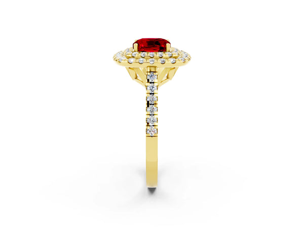 Yellow gold Double Halo Cushion Cut Ruby Pavé Band with Four-Prong Setting