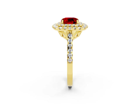 Yellow gold Double Halo Cushion Cut Ruby Pavé Band with Four-Prong Setting_2