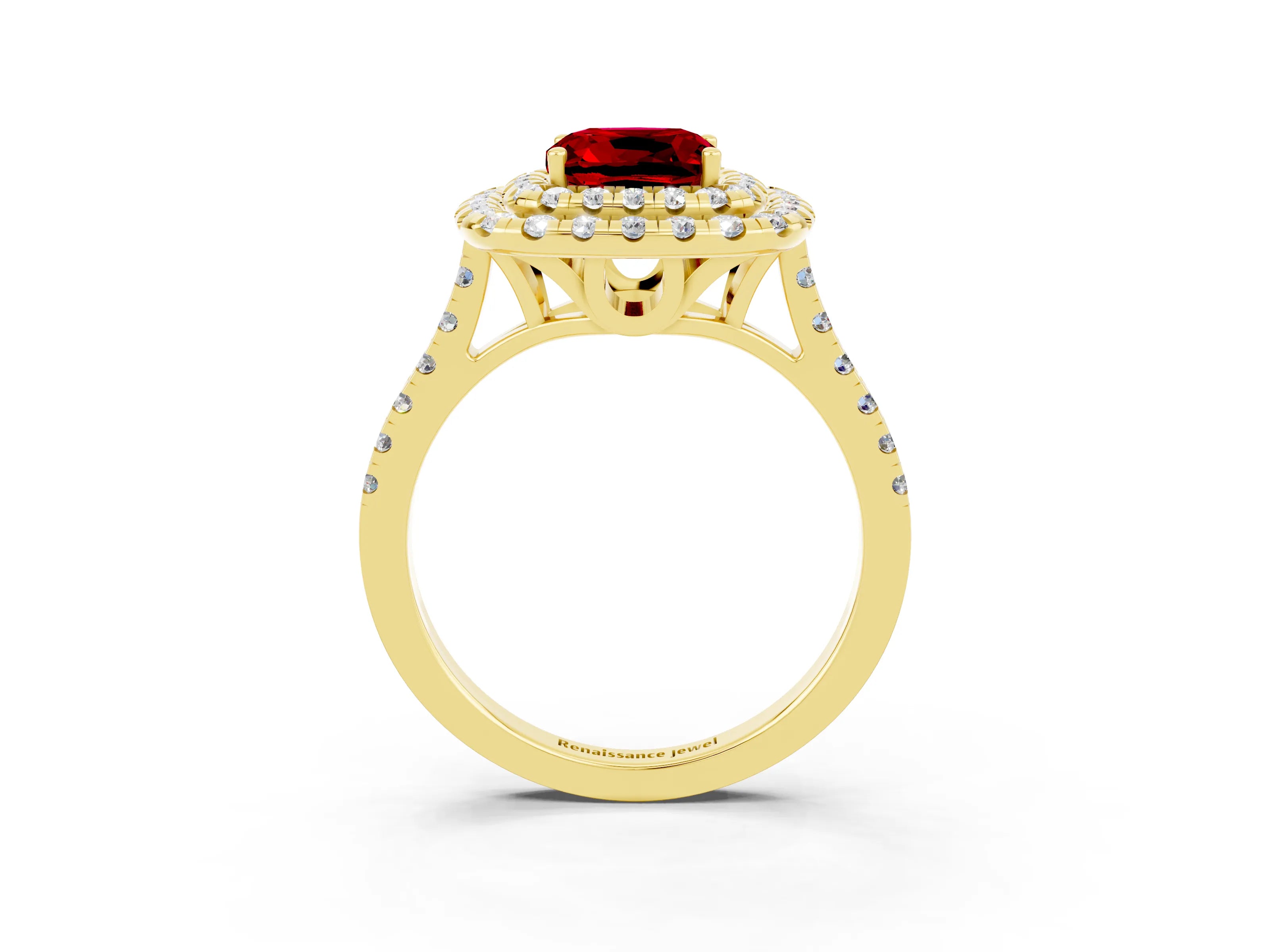 Yellow gold Double Halo Cushion Cut Ruby Pavé Band with Four-Prong Setting_3
