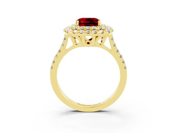 Yellow gold Double Halo Cushion Cut Ruby Pavé Band with Four-Prong Setting