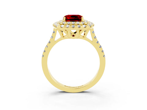 Yellow gold Double Halo Cushion Cut Ruby Pavé Band with Four-Prong Setting_3