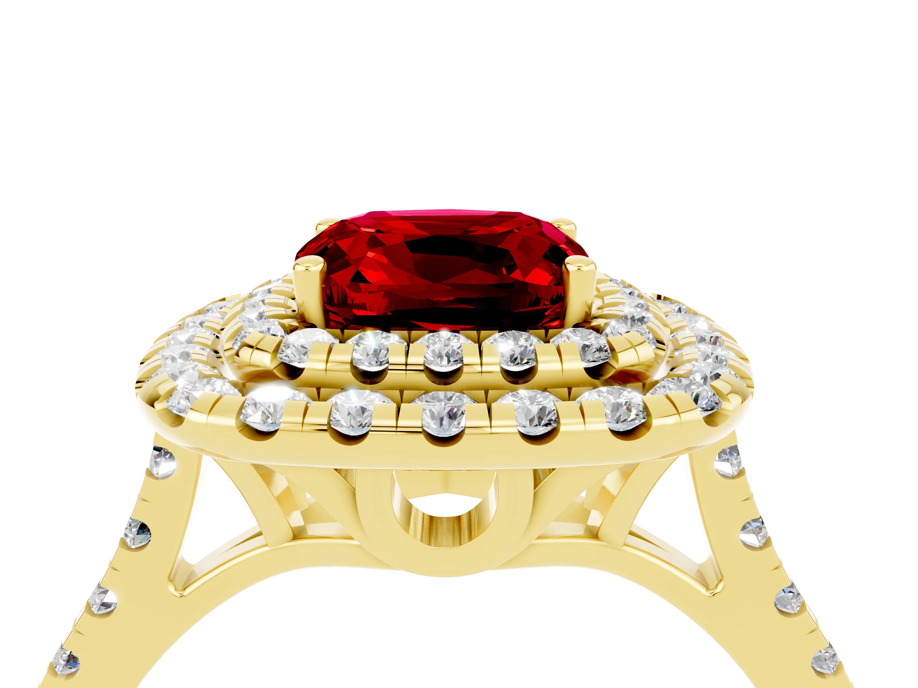 Yellow gold Double Halo Cushion Cut Ruby Pavé Band with Four-Prong Setting_4