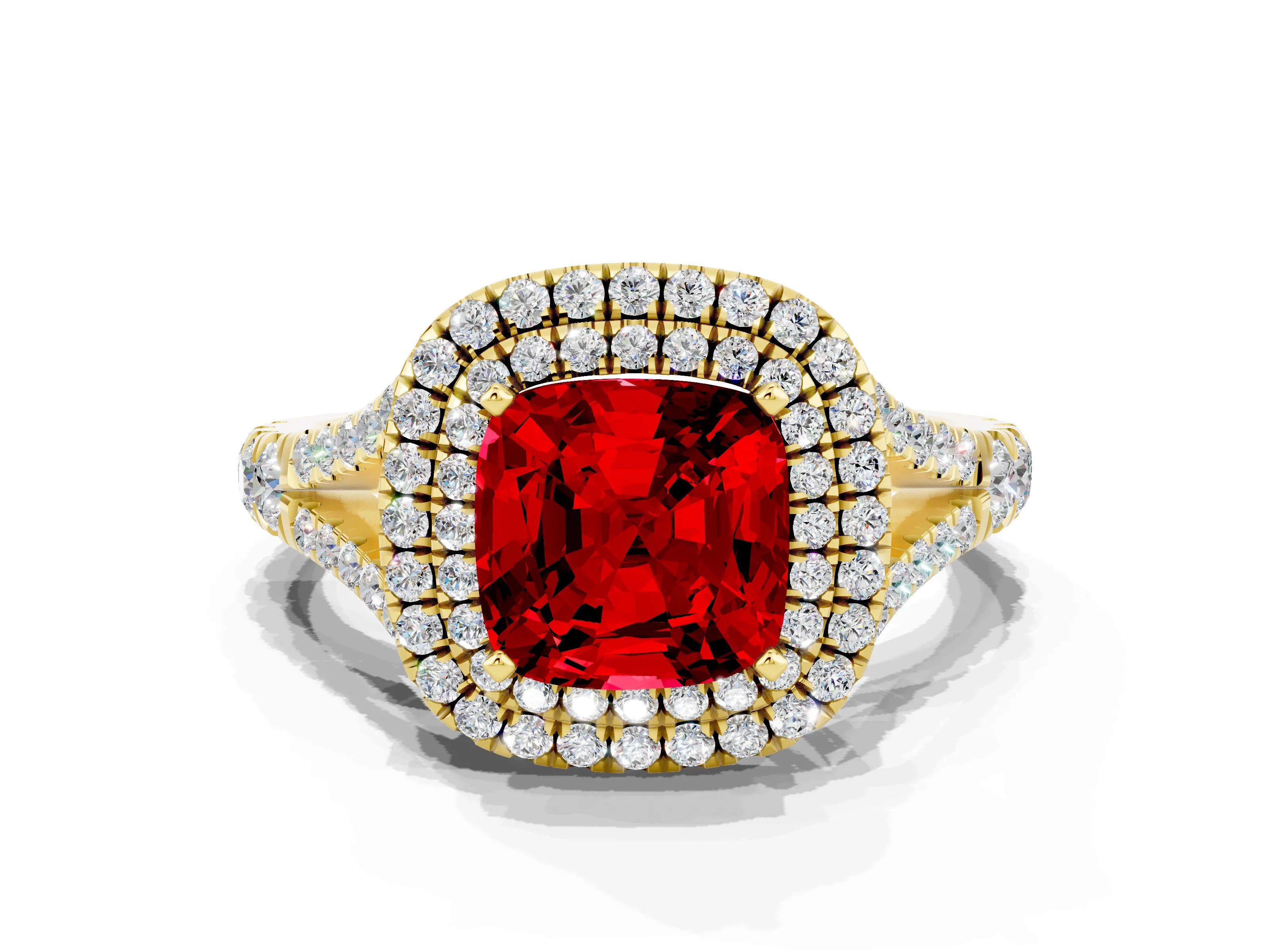 Yellow gold Double Halo Cushion Cut Ruby Pavé Split Shank Ring with Prong Setting