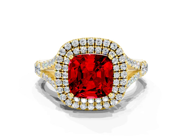 Yellow gold Double Halo Cushion Cut Ruby Pavé Split Shank Ring with Prong Setting