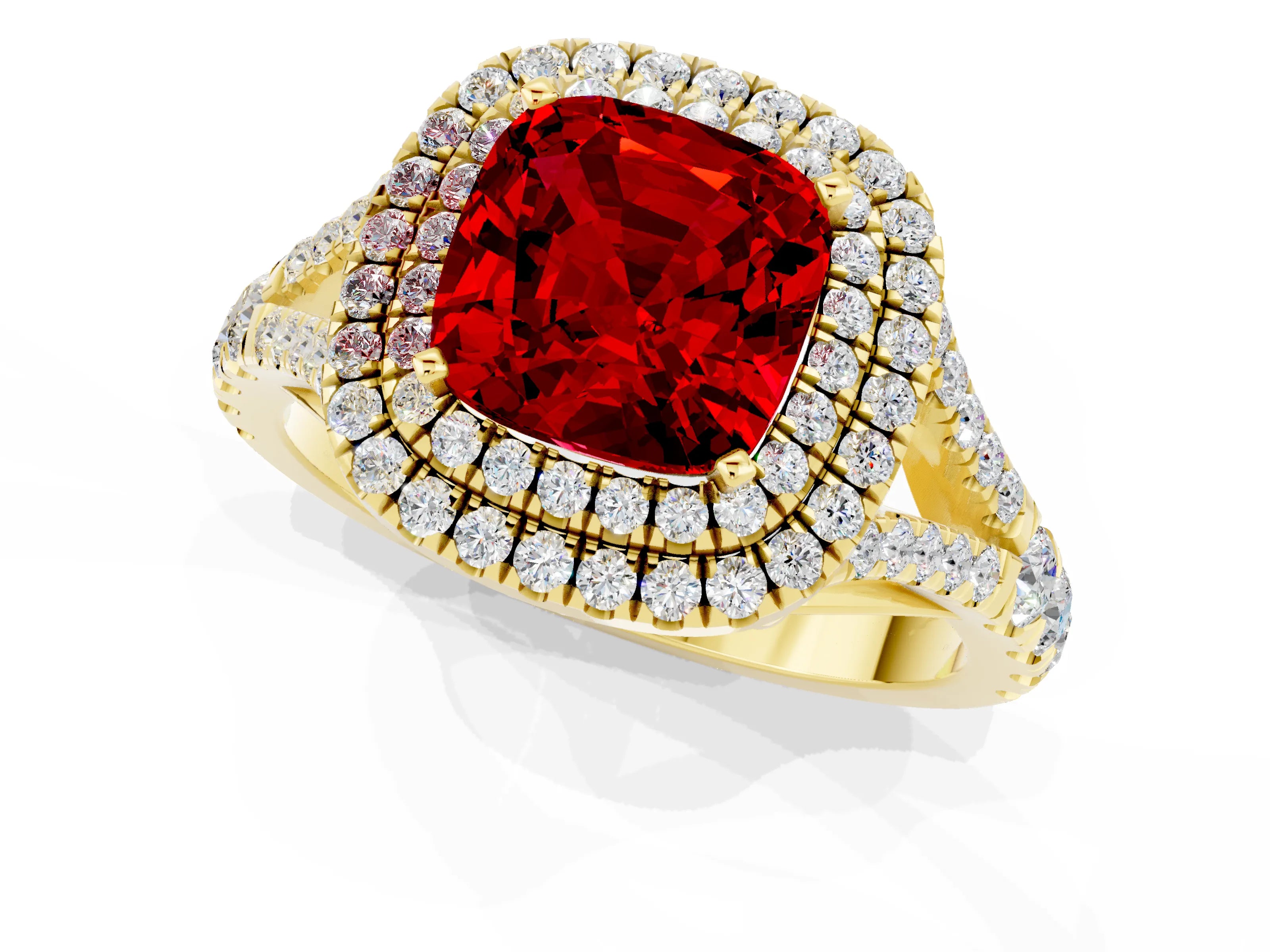 Yellow gold Double Halo Cushion Cut Ruby Pavé Split Shank Ring with Prong Setting_1