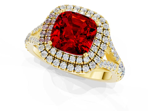 Yellow gold Double Halo Cushion Cut Ruby Pavé Split Shank Ring with Prong Setting_1