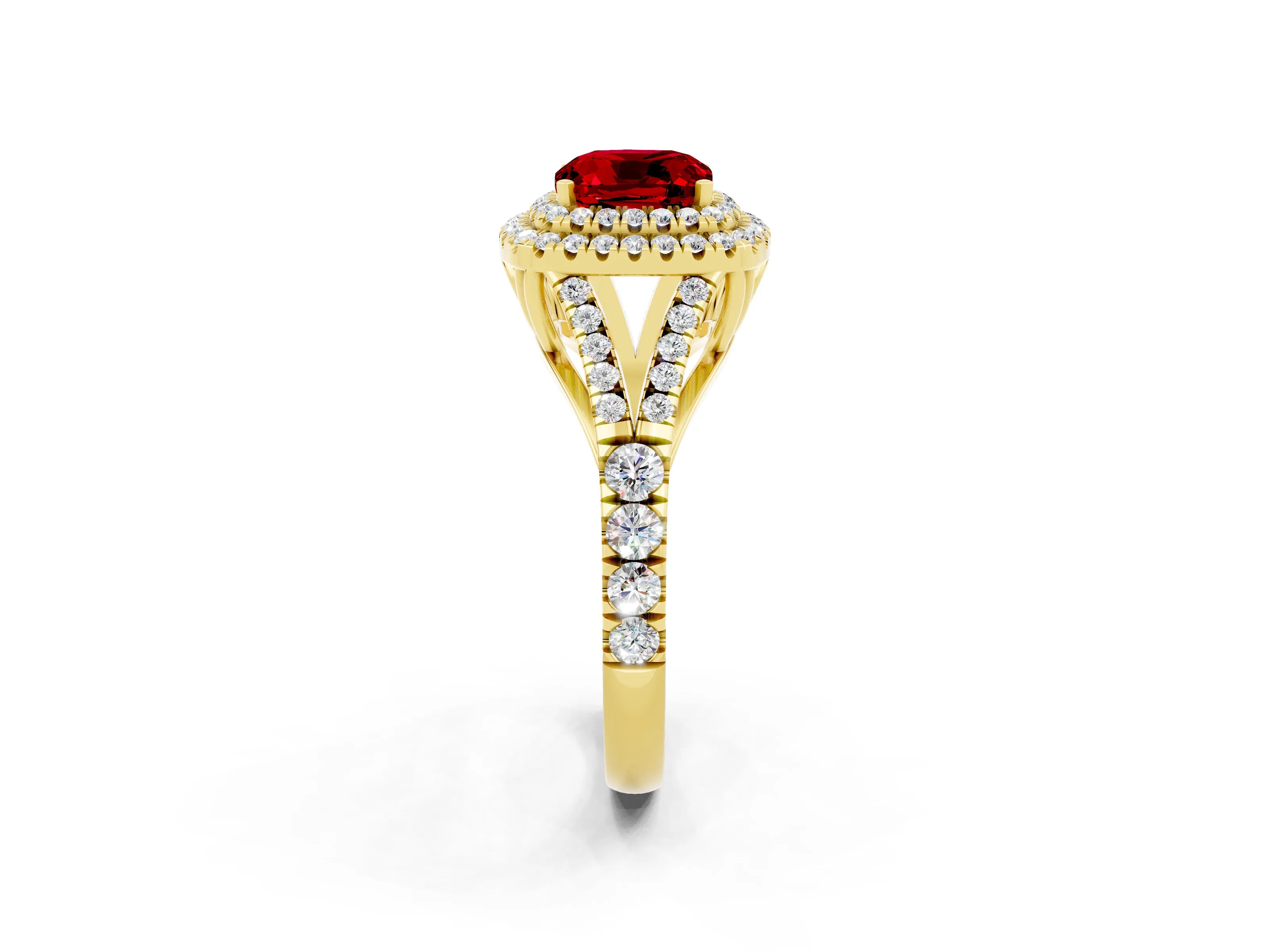 Yellow gold Double Halo Cushion Cut Ruby Pavé Split Shank Ring with Prong Setting_2