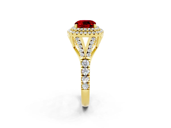 Yellow gold Double Halo Cushion Cut Ruby Pavé Split Shank Ring with Prong Setting