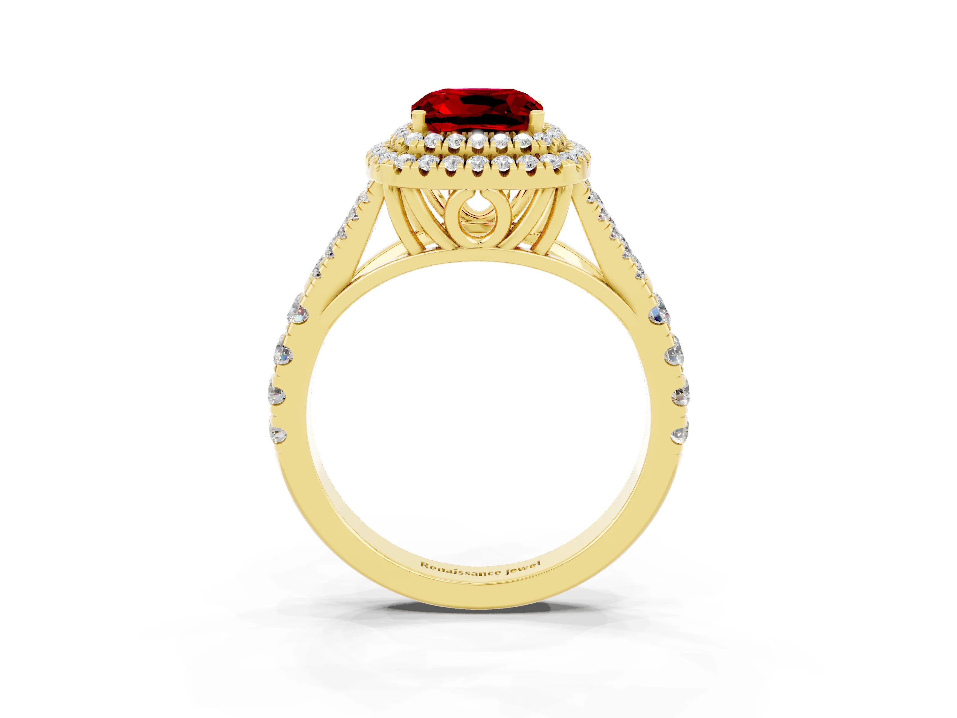 Yellow gold Double Halo Cushion Cut Ruby Pavé Split Shank Ring with Prong Setting_3
