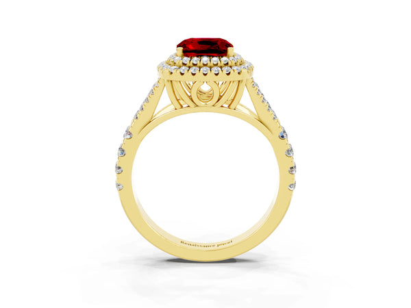 Yellow gold Double Halo Cushion Cut Ruby Pavé Split Shank Ring with Prong Setting