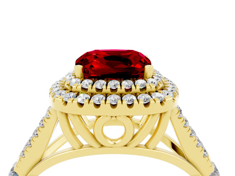 Yellow gold Double Halo Cushion Cut Ruby Pavé Split Shank Ring with Prong Setting_4