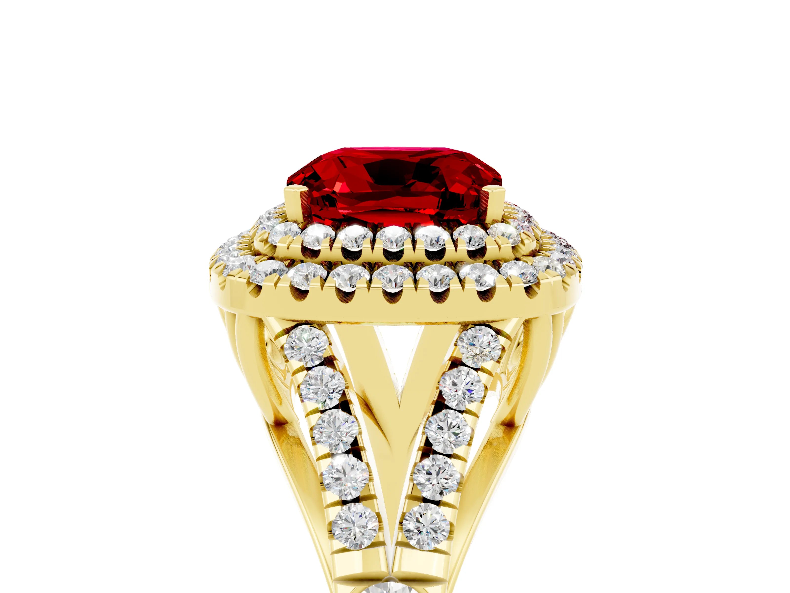 Yellow gold Double Halo Cushion Cut Ruby Pavé Split Shank Ring with Prong Setting_5