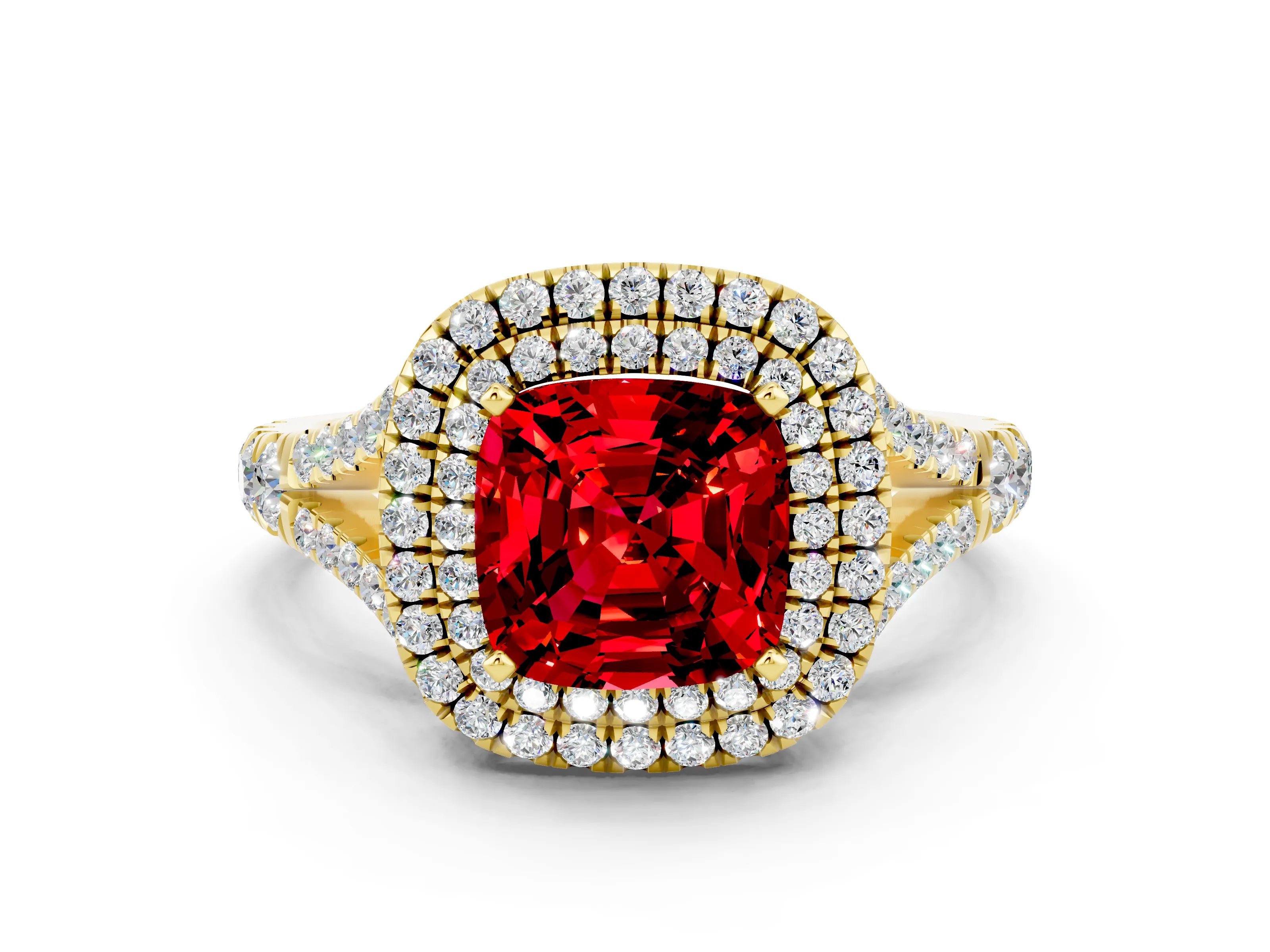 Yellow gold Double Halo Cushion Cut Ruby Split Shank Engagement Ring with Four-Prong Setting
