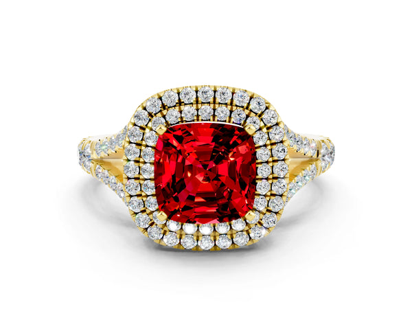 Yellow gold Double Halo Cushion Cut Ruby Split Shank Engagement Ring with Four-Prong Setting