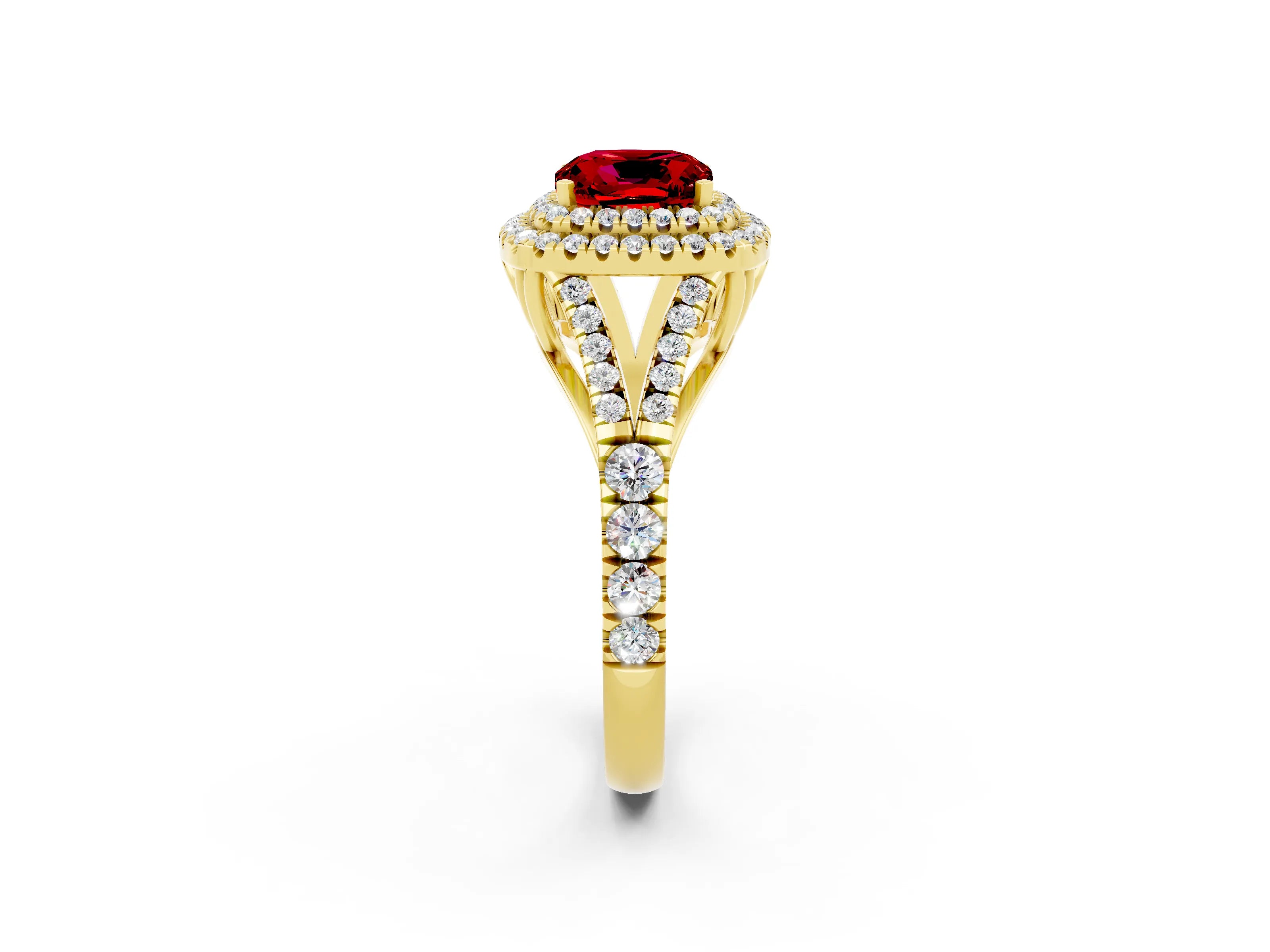Yellow gold Double Halo Cushion Cut Ruby Split Shank Engagement Ring with Four-Prong Setting_2