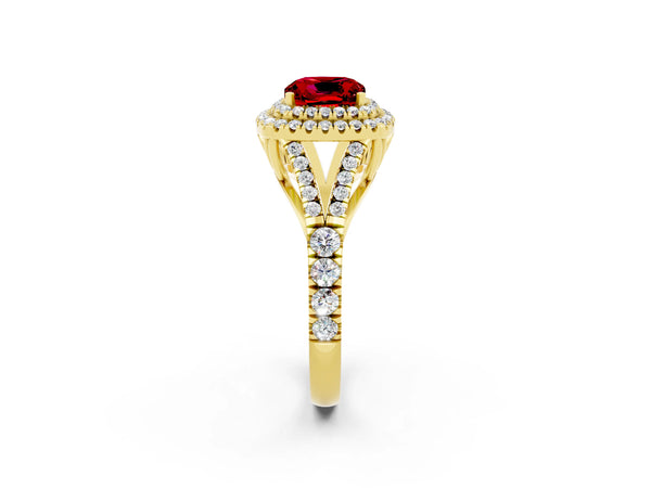 Yellow gold Double Halo Cushion Cut Ruby Split Shank Engagement Ring with Four-Prong Setting