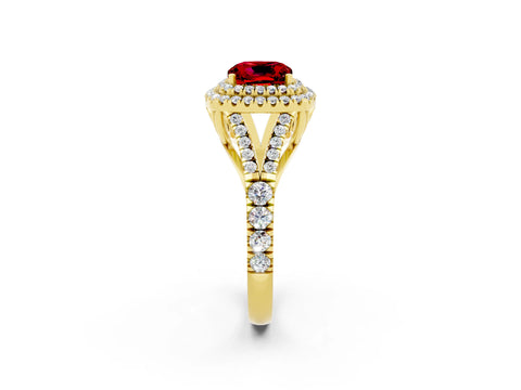 Yellow gold Double Halo Cushion Cut Ruby Split Shank Engagement Ring with Four-Prong Setting_2