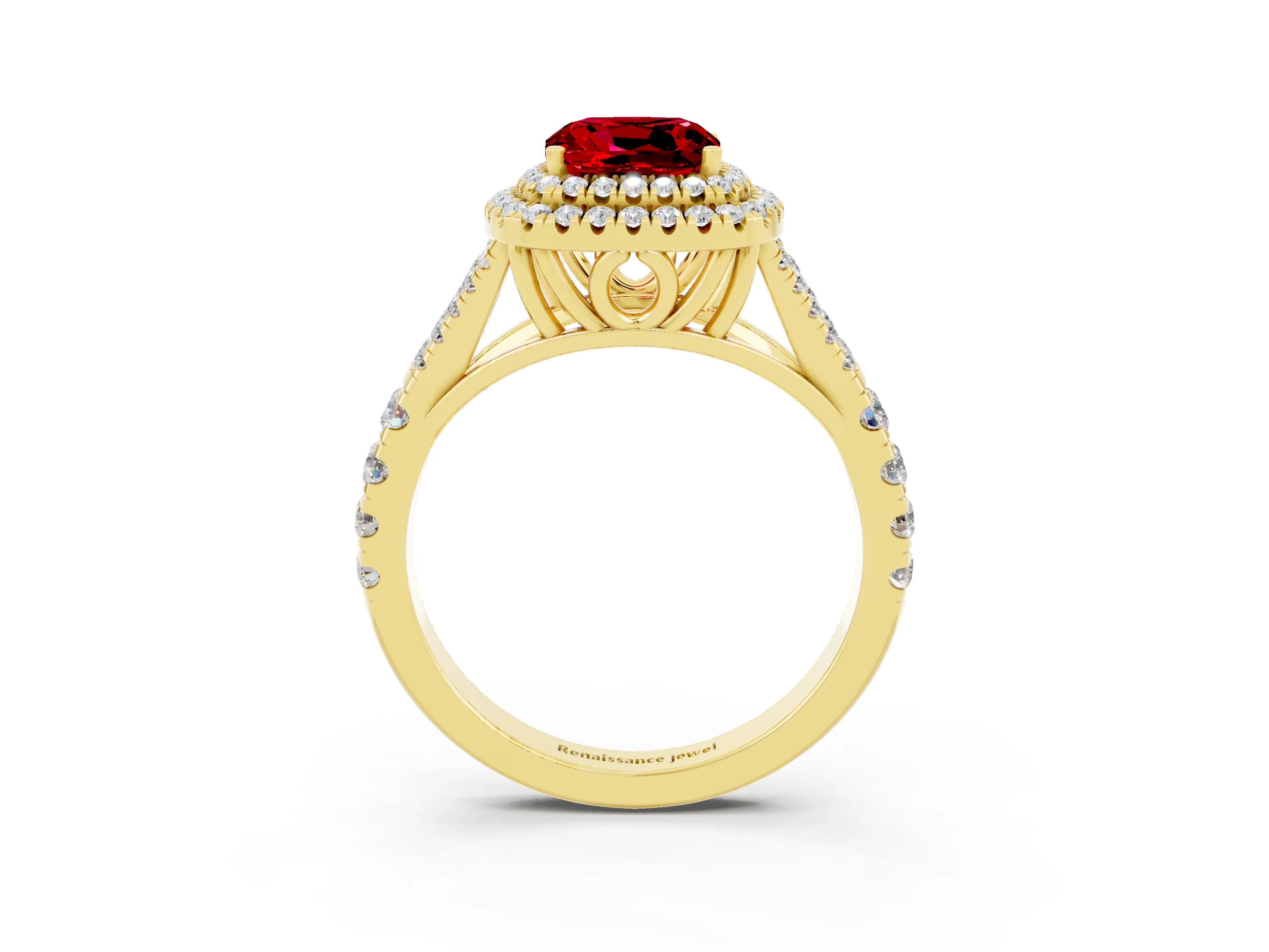 Yellow gold Double Halo Cushion Cut Ruby Split Shank Engagement Ring with Four-Prong Setting_3