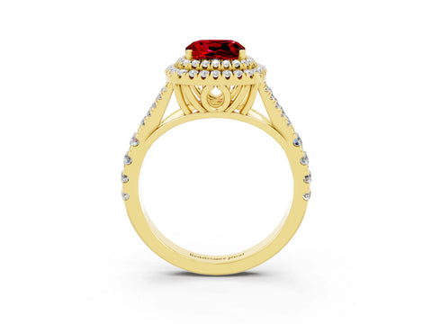 Yellow gold Double Halo Cushion Cut Ruby Split Shank Engagement Ring with Four-Prong Setting_3