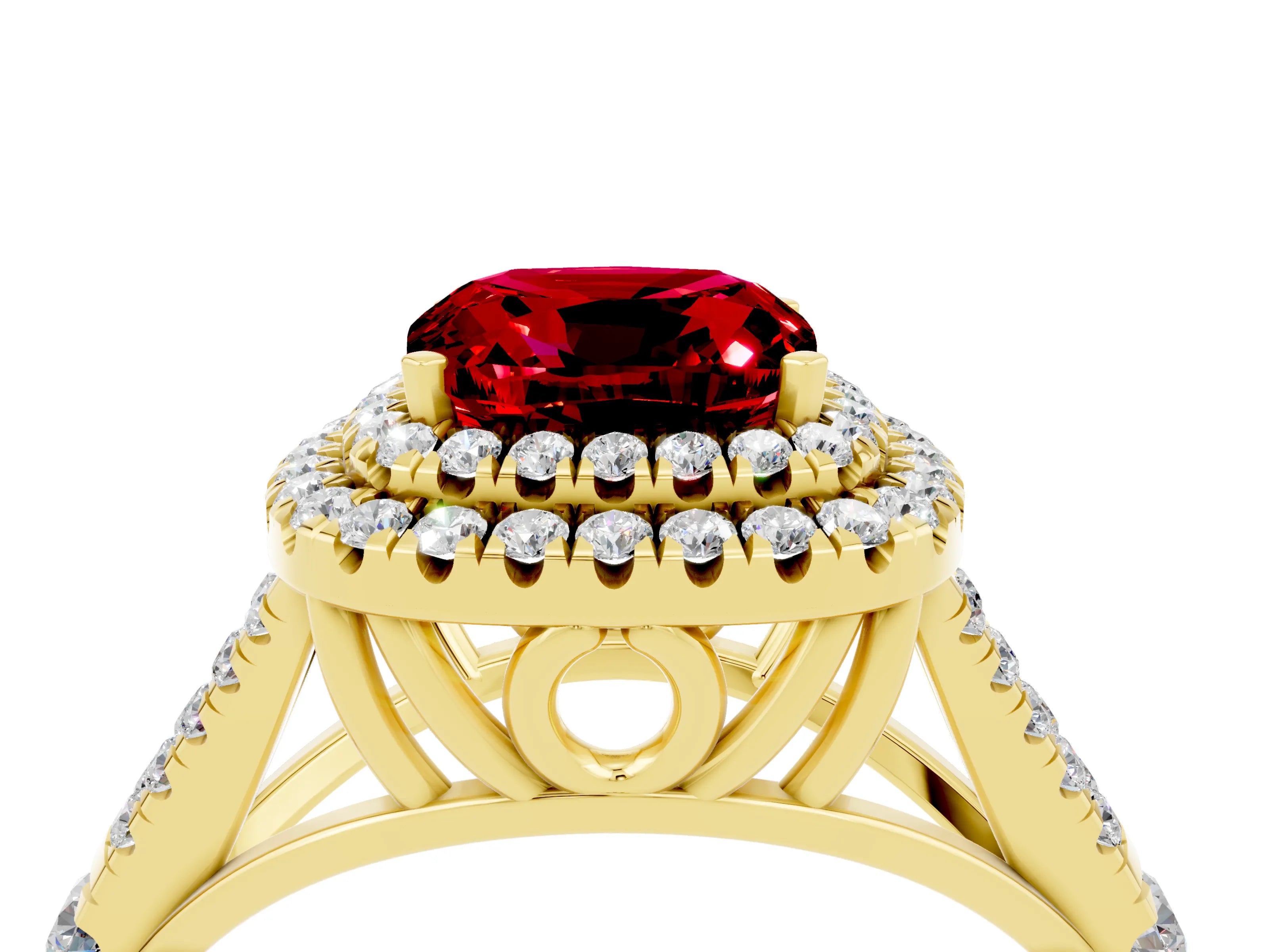 Yellow gold Double Halo Cushion Cut Ruby Split Shank Engagement Ring with Four-Prong Setting_4