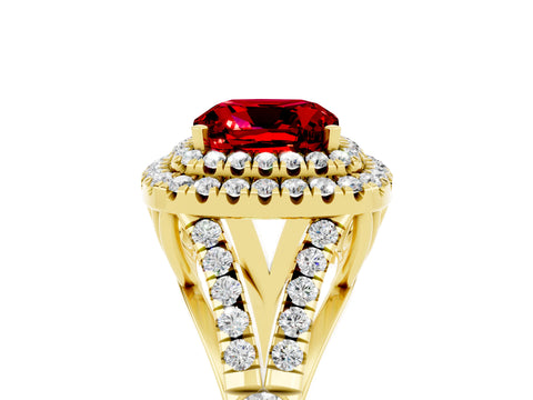 Yellow gold Double Halo Cushion Cut Ruby Split Shank Engagement Ring with Four-Prong Setting_5