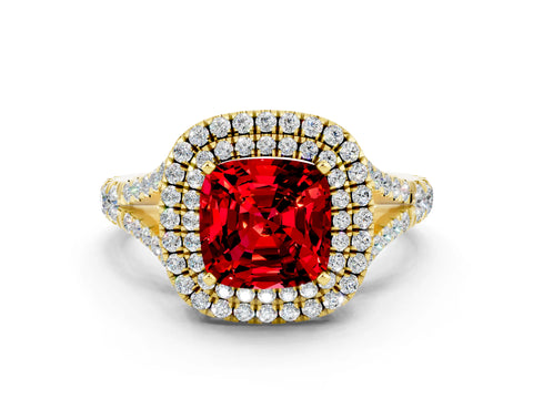 Yellow gold Double Halo Cushion Cut Ruby Split Shank Engagement Ring with Four-Prong Setting
