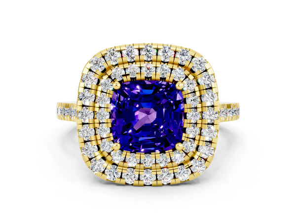 Yellow gold Double Halo Cushion Cut Tanzanite Pavé Band with Four-Prong Setting