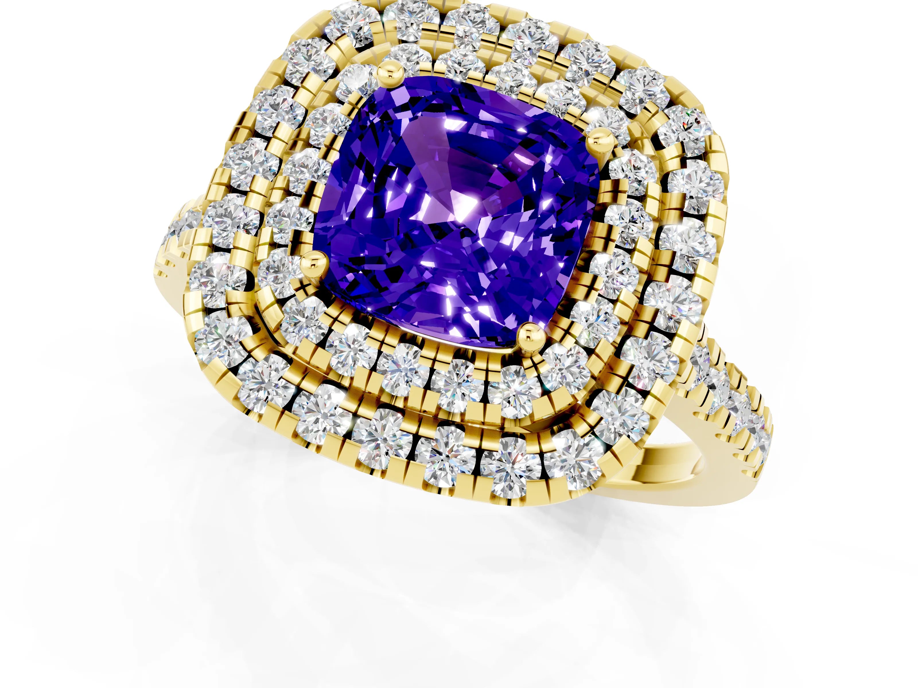 Yellow gold Double Halo Cushion Cut Tanzanite Pavé Band with Four-Prong Setting_1