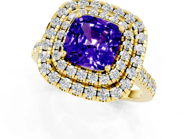 Yellow gold Double Halo Cushion Cut Tanzanite Pavé Band with Four-Prong Setting