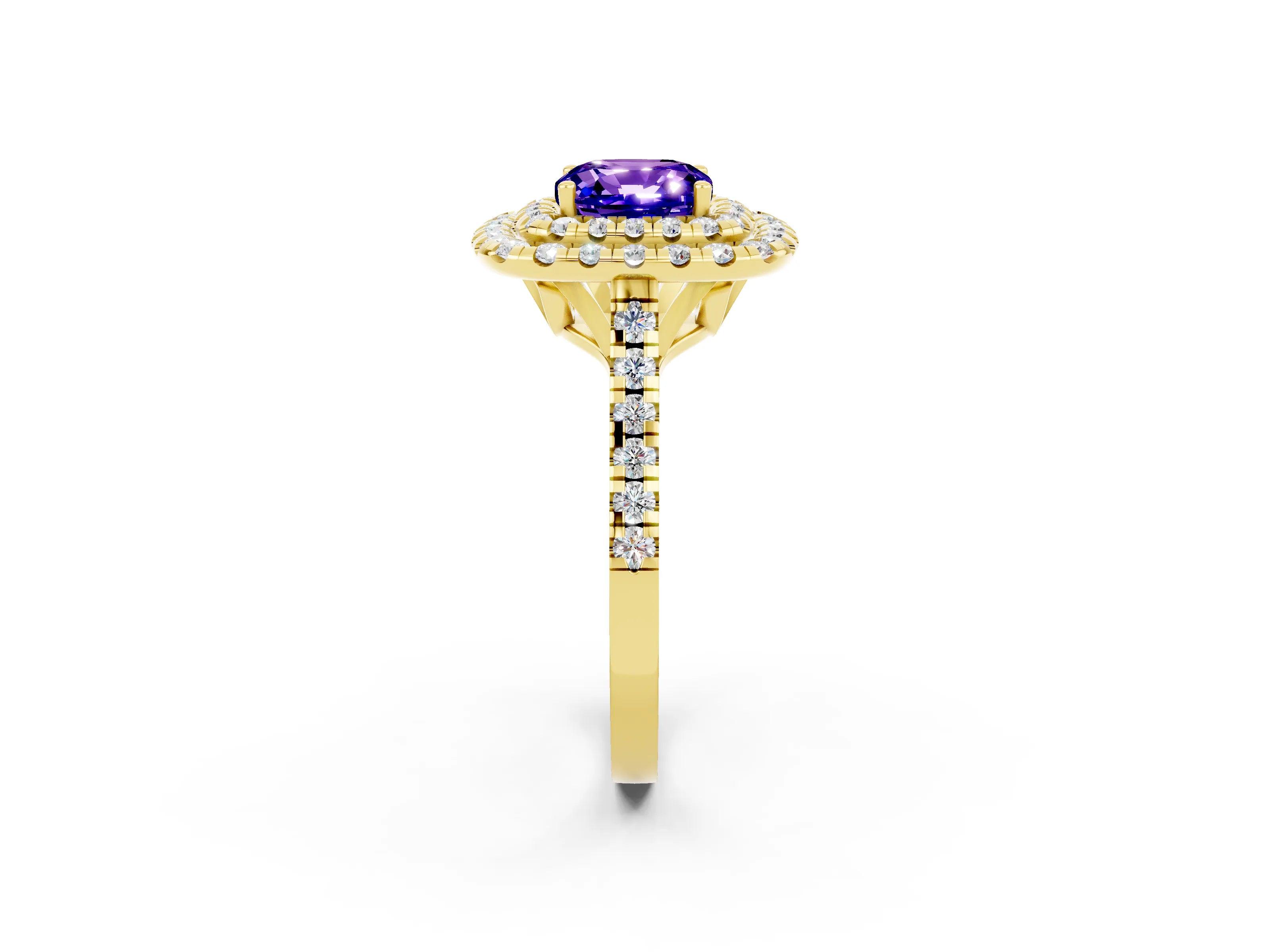 Yellow gold Double Halo Cushion Cut Tanzanite Pavé Band with Four-Prong Setting_2