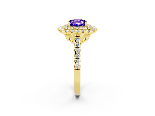 Yellow gold Double Halo Cushion Cut Tanzanite Pavé Band with Four-Prong Setting