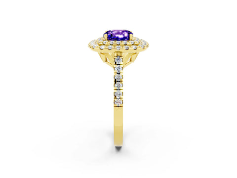 Yellow gold Double Halo Cushion Cut Tanzanite Pavé Band with Four-Prong Setting_2
