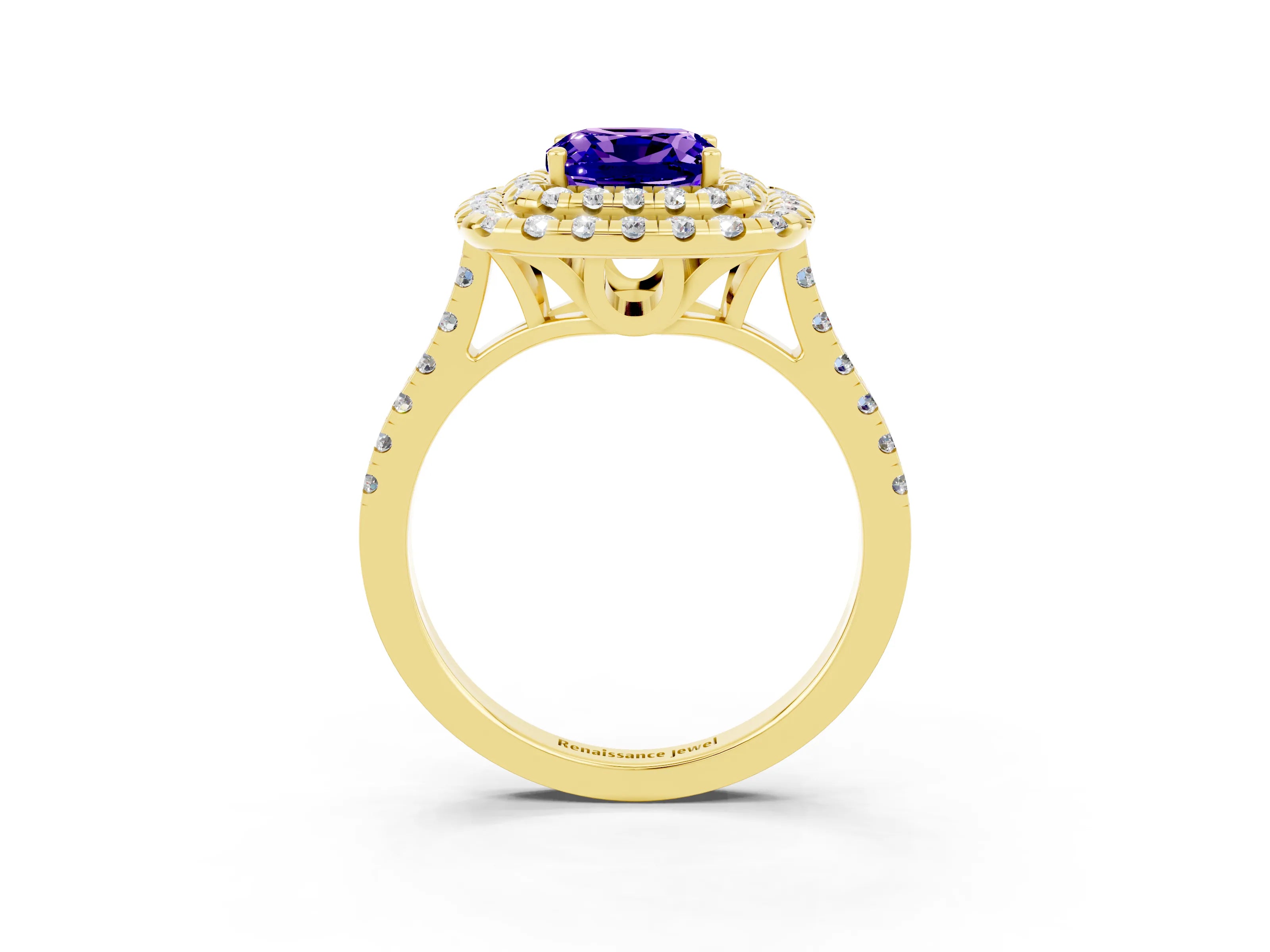 Yellow gold Double Halo Cushion Cut Tanzanite Pavé Band with Four-Prong Setting_3