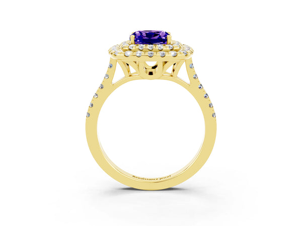 Yellow gold Double Halo Cushion Cut Tanzanite Pavé Band with Four-Prong Setting