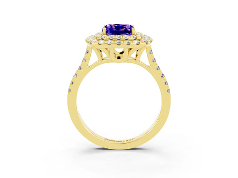 Yellow gold Double Halo Cushion Cut Tanzanite Pavé Band with Four-Prong Setting_3