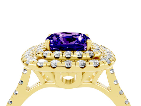 Yellow gold Double Halo Cushion Cut Tanzanite Pavé Band with Four-Prong Setting_4