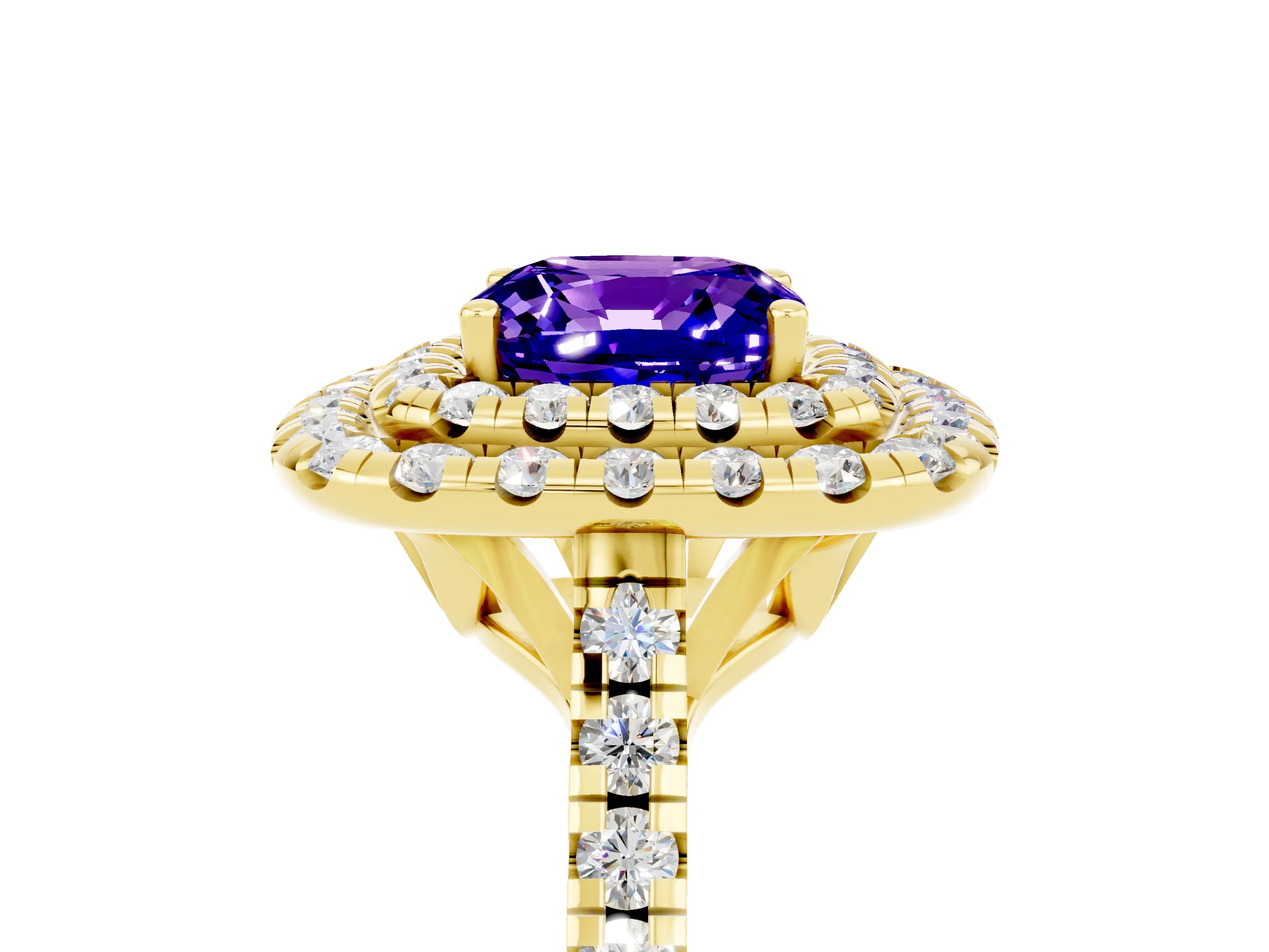 Yellow gold Double Halo Cushion Cut Tanzanite Pavé Band with Four-Prong Setting_5