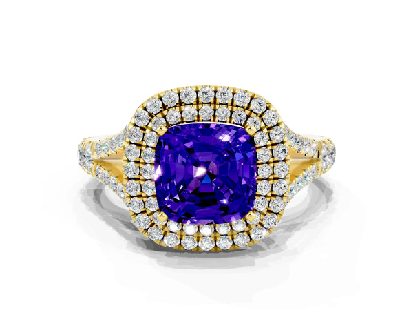 Yellow gold Double Halo Cushion Cut Tanzanite Pavé Split Shank Ring with Prong Setting