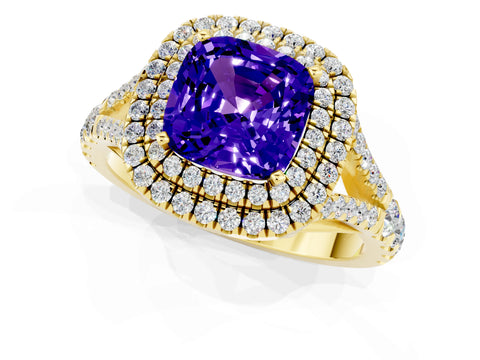 Yellow gold Double Halo Cushion Cut Tanzanite Pavé Split Shank Ring with Prong Setting_1