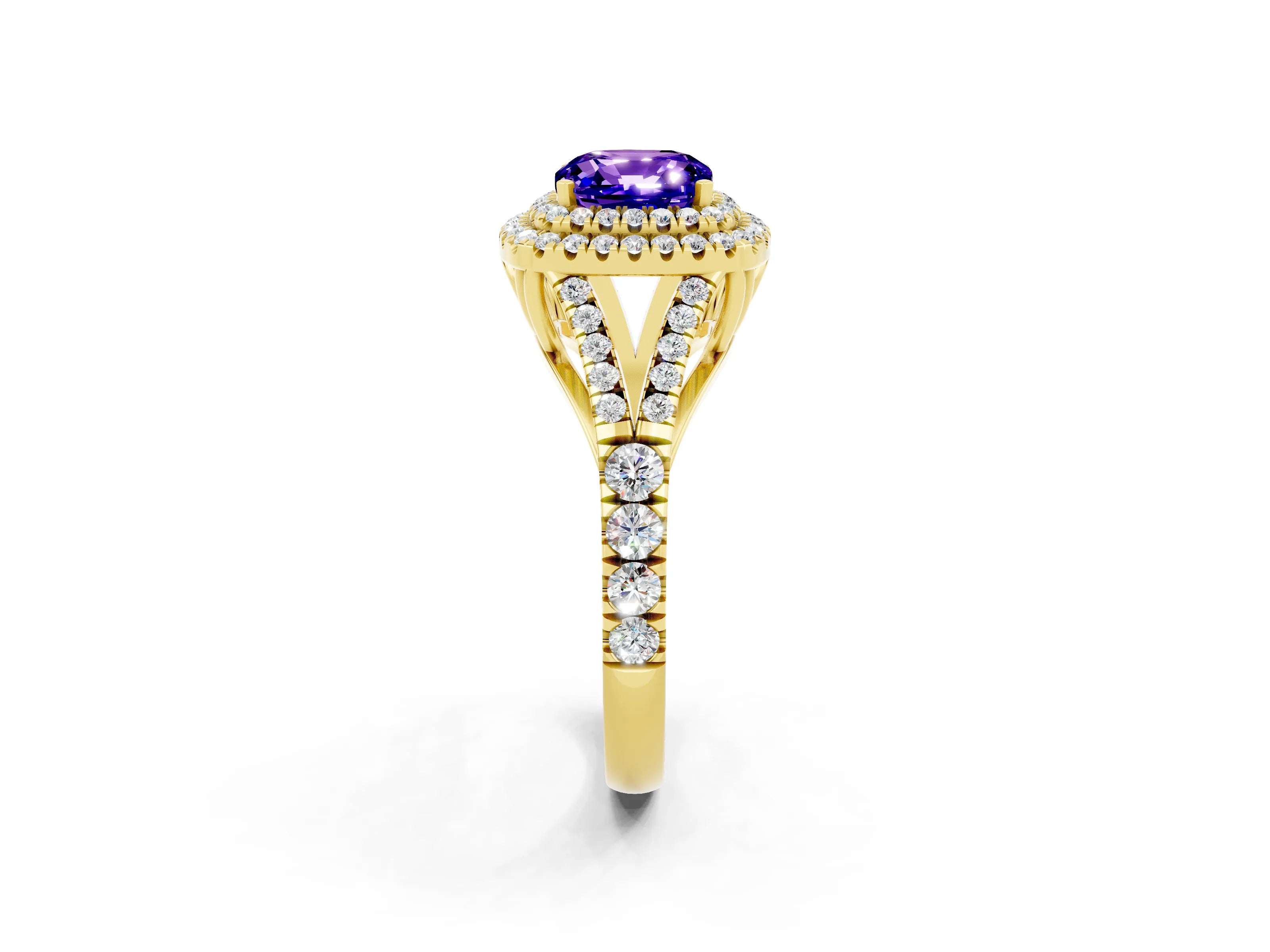Yellow gold Double Halo Cushion Cut Tanzanite Pavé Split Shank Ring with Prong Setting_2