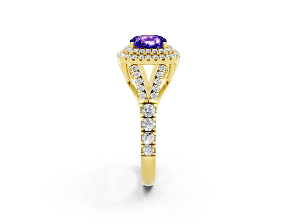 Yellow gold Double Halo Cushion Cut Tanzanite Pavé Split Shank Ring with Prong Setting