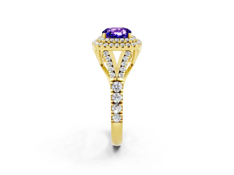 Yellow gold Double Halo Cushion Cut Tanzanite Pavé Split Shank Ring with Prong Setting_2