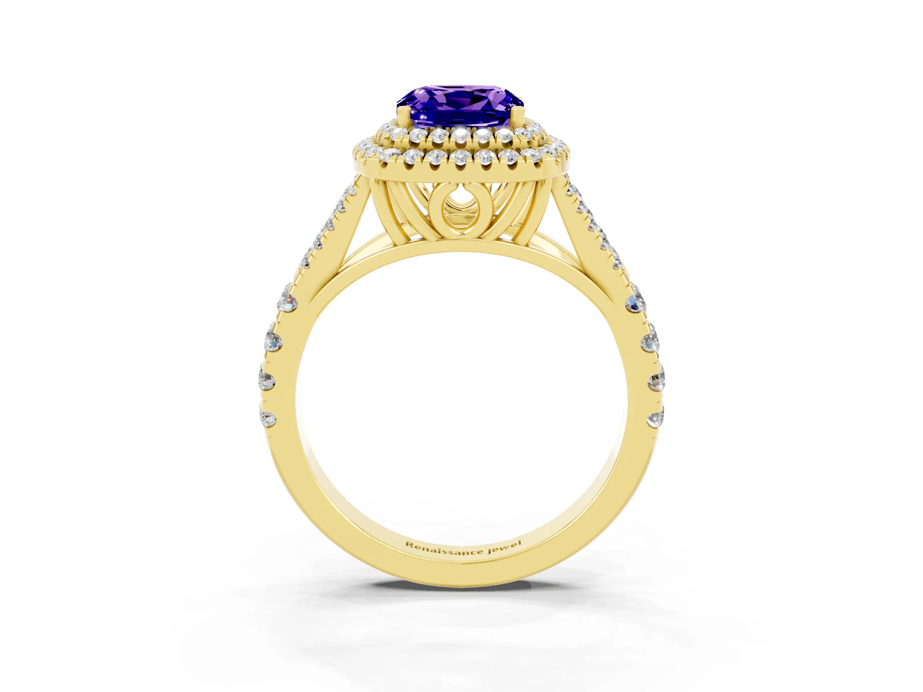 Yellow gold Double Halo Cushion Cut Tanzanite Pavé Split Shank Ring with Prong Setting_3
