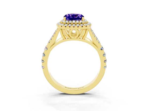 Yellow gold Double Halo Cushion Cut Tanzanite Pavé Split Shank Ring with Prong Setting