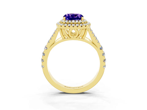 Yellow gold Double Halo Cushion Cut Tanzanite Pavé Split Shank Ring with Prong Setting_3