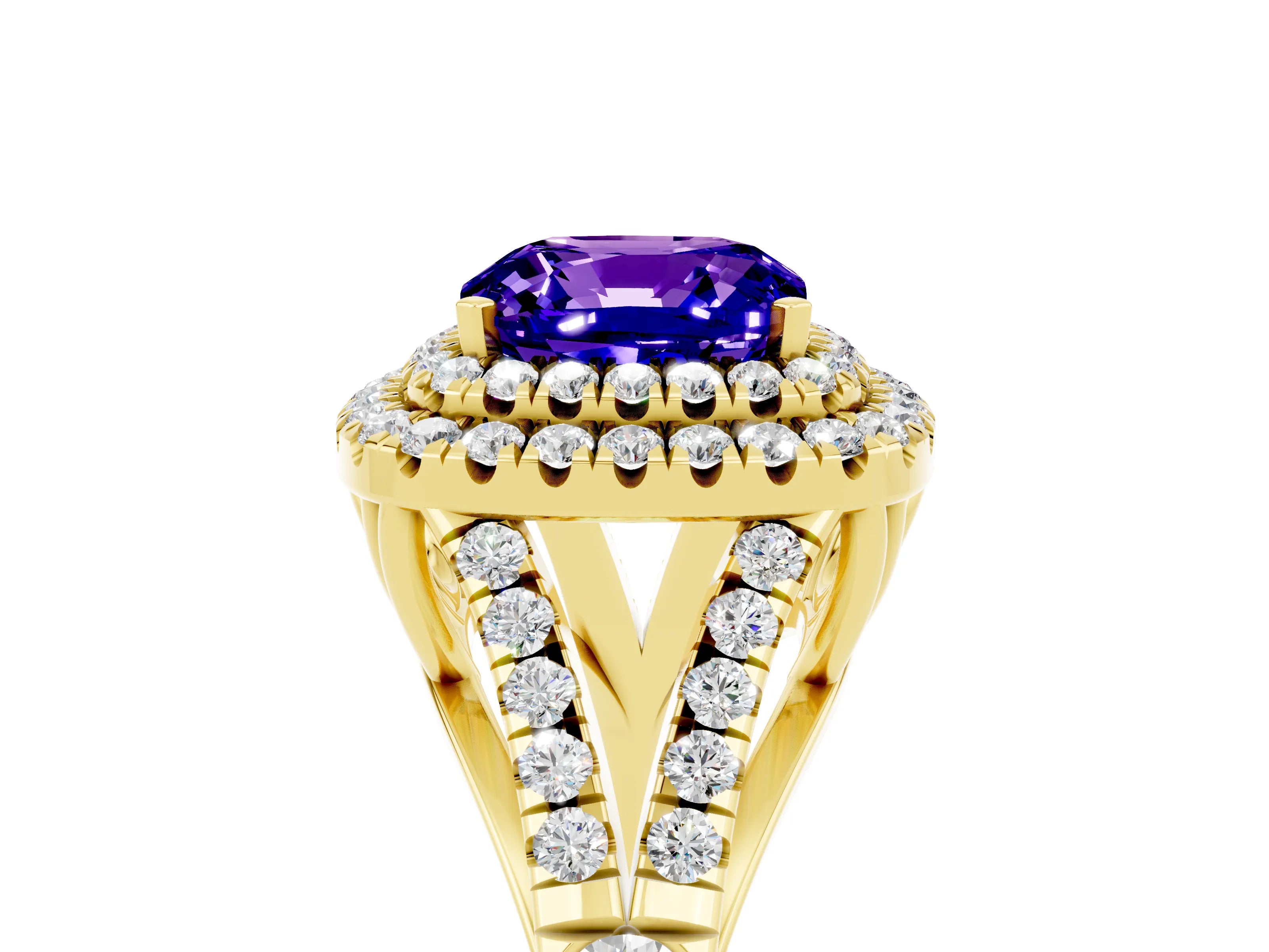 Yellow gold Double Halo Cushion Cut Tanzanite Pavé Split Shank Ring with Prong Setting_5