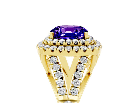Yellow gold Double Halo Cushion Cut Tanzanite Pavé Split Shank Ring with Prong Setting_5